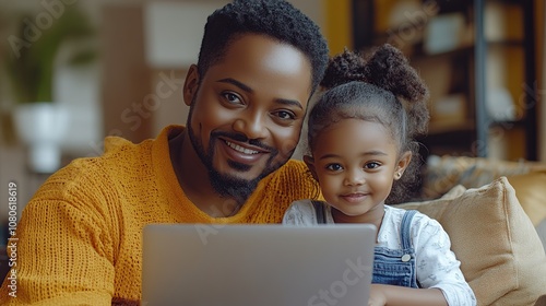 A happy father and daughter look at the camera while using a laptop.