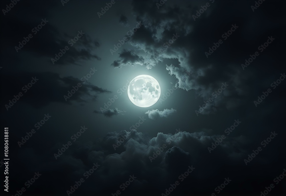Fototapeta premium Night sky with moon light. Dramatic clouds in mystic moonlight. Large bright moon as concept of mystery, midnight, gothic time and spooky theme. Moody sky texture background.