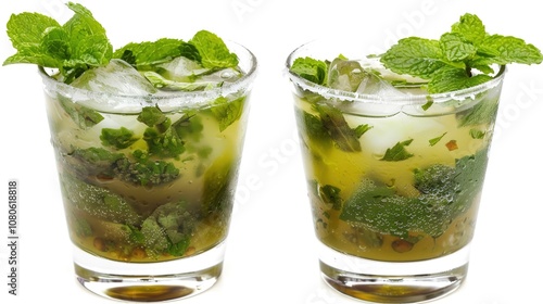 A Refreshing Mojito Cocktail Drink Standing Alone on a Crisp White Background. A Tantalizing and Invigorating Beverage in a Simple Setting.