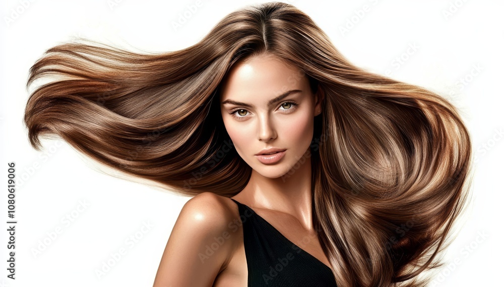 Stunning model with long, glossy dark brown hair posing in a black top against a white backdrop Stunning model with long, glossy dark brown hair posing in a black top against a white backdrop