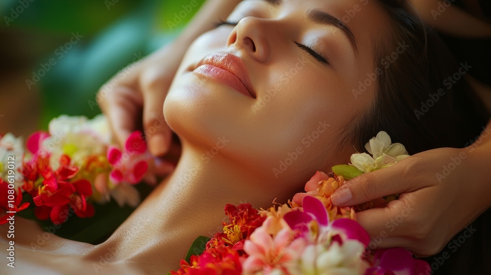 Fototapeta premium Woman enjoying a relaxing spa treatment with flowers in a tropical setting during a serene afternoon