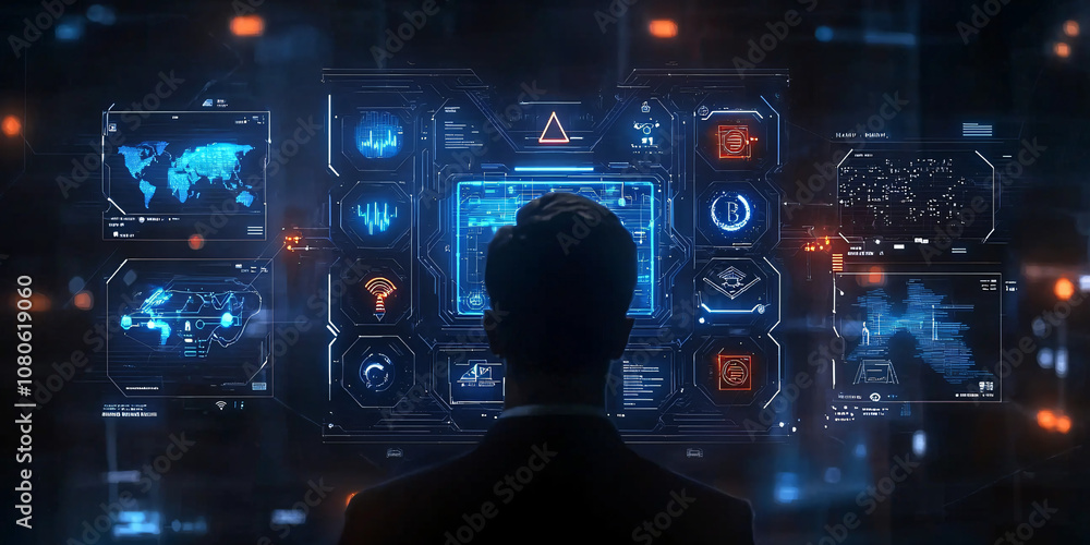 Fototapeta premium A person observes a high-tech interface filled with data visualizations, symbolizing advanced technology and digital exploration