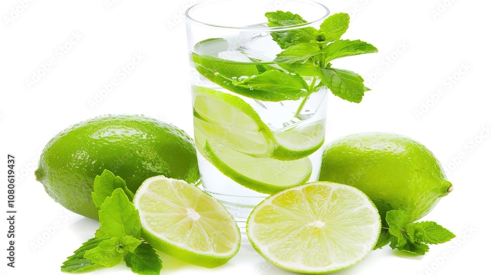 A Refreshing Mojito Cocktail Drink Standing Alone on a Crisp White Background. A Tantalizing and Invigorating Beverage in a Simple Setting. A Refreshing Mojito Cocktail Drink Standing Alone on a Crisp White Background. A Tantalizing and Invigorating Beverage in a Simple Setting.