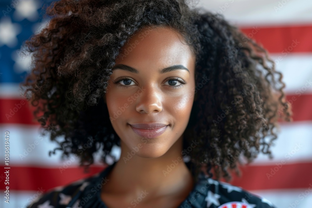 Fototapeta premium Portrait of a young woman with curly hair with i voted pin against American flag