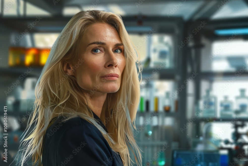 A scientist in her late forties with blonde hair conducts research in a modern laboratory focused on innovative scientific experiments A scientist in her late forties with blonde hair conducts research in a modern laboratory focused on innovative scientific experiments