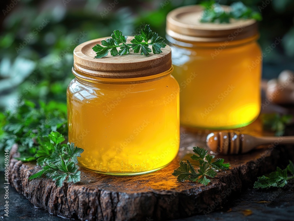 Two jars of honey on a wooden surface. This image is perfect for promoting a healthy and natural lifestyle. Two jars of honey on a wooden surface. This image is perfect for promoting a healthy and natural lifestyle.