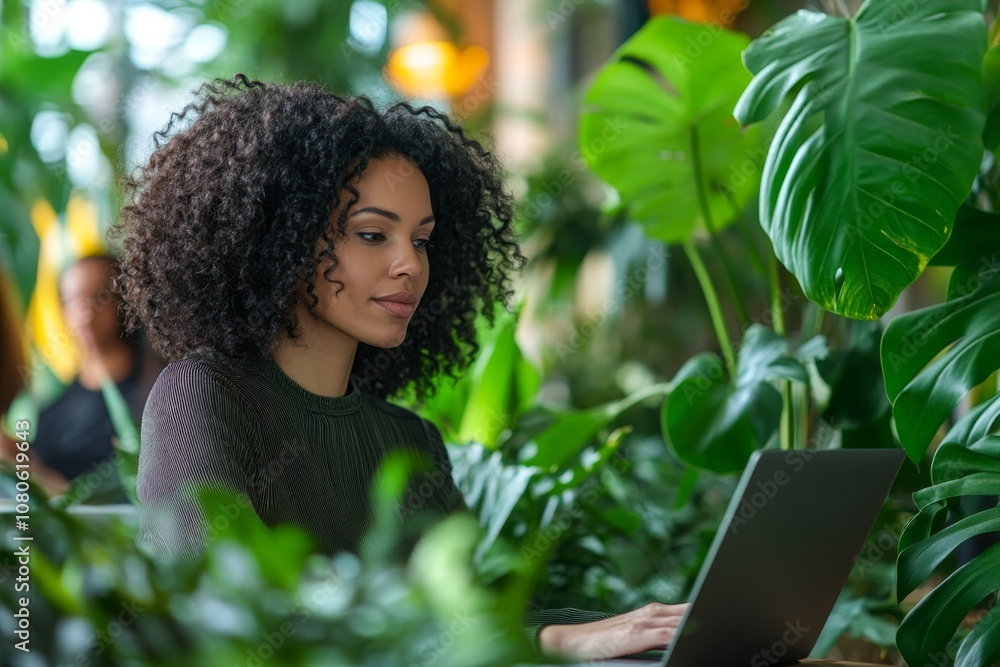 Woman Working on Laptop in Tropical Plants and Green Foliage Woman Working on Laptop in Tropical Plants and Green Foliage