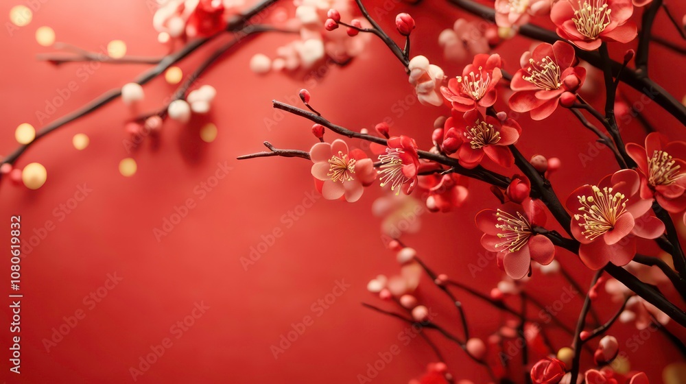 Obraz premium Red blossom branches with gold confetti on a red background, creating a festive and celebratory design for Chinese New Year or other celebratory events.