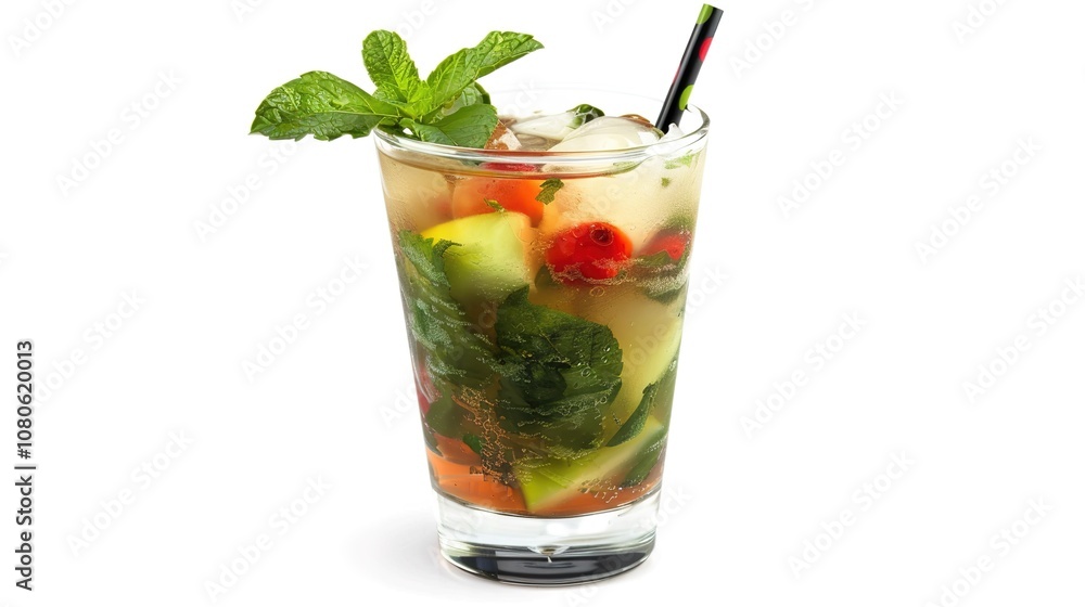 A Refreshing Mojito Cocktail Drink Standing Alone on a Crisp White Background. A Tantalizing and Invigorating Beverage in a Simple Setting. A Refreshing Mojito Cocktail Drink Standing Alone on a Crisp White Background. A Tantalizing and Invigorating Beverage in a Simple Setting.
