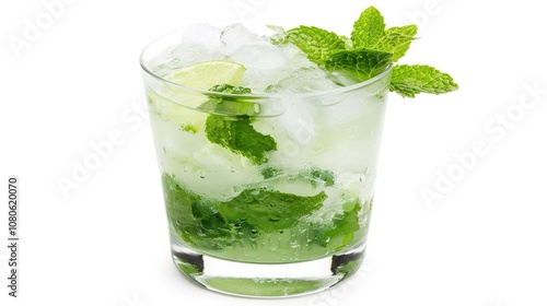 A Refreshing Mojito Cocktail Drink Standing Alone on a Crisp White Background. A Tantalizing and Invigorating Beverage in a Simple Setting.