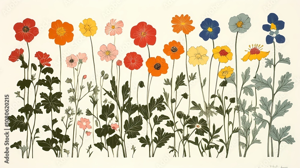 Fototapeta premium Retro flowers and plants set pattern illustration poster background
