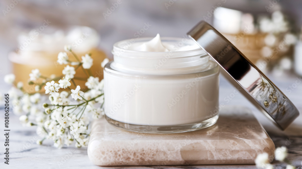 Promotional photo of a glass jar filled with white moisturizer against a marble stone background. There are small white flowers next to the jar. With a place for the text. Promotional photo of a glass jar filled with white moisturizer against a marble stone background. There are small white flowers next to the jar. With a place for the text.