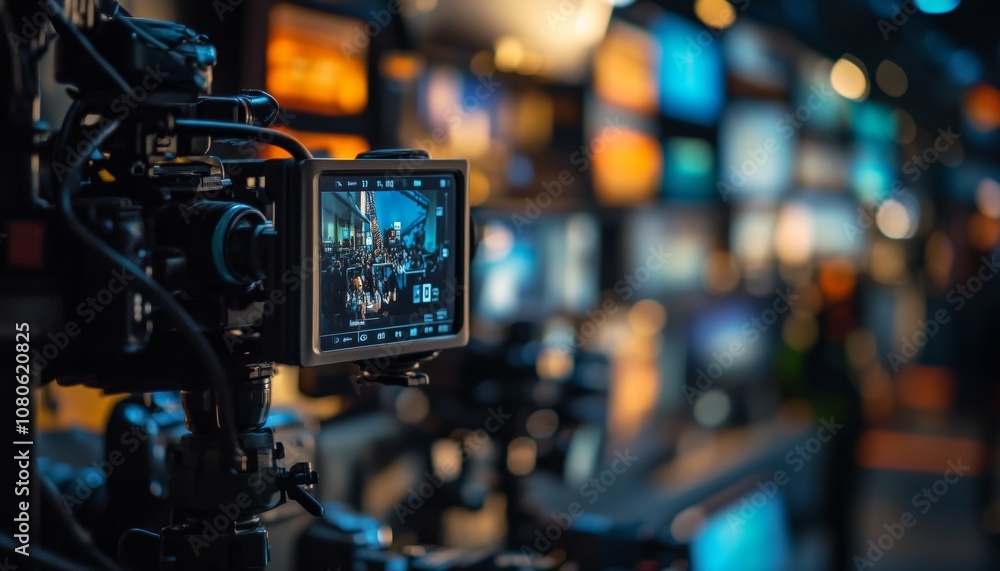 Diverse media displays on a wall with blurred dark background and professional camera effects Diverse media displays on a wall with blurred dark background and professional camera effects