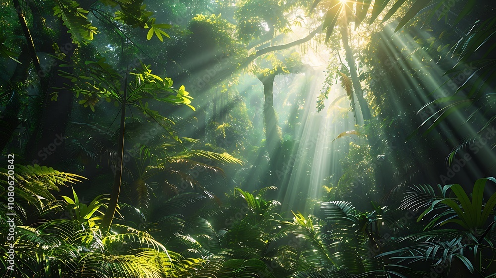 A serene jungle scene illuminated by sun rays filtering through lush greenery. A serene jungle scene illuminated by sun rays filtering through lush greenery.