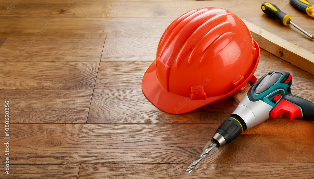 Safety helmet, drill, screwdriver on wooden floor. Safety helmet, drill, screwdriver on wooden floor.