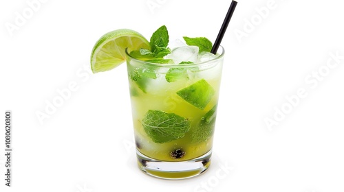 A Refreshing Mojito Cocktail Drink Standing Alone on a Crisp White Background. A Tantalizing and Invigorating Beverage in a Simple Setting.