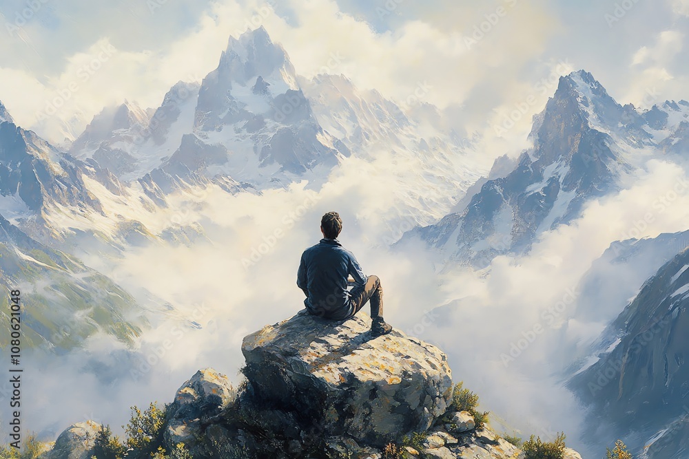 A lone hiker sits on a rocky outcropping, gazing out at a breathtaking view of snow-capped mountains and clouds. A lone hiker sits on a rocky outcropping, gazing out at a breathtaking view of snow-capped mountains and clouds.