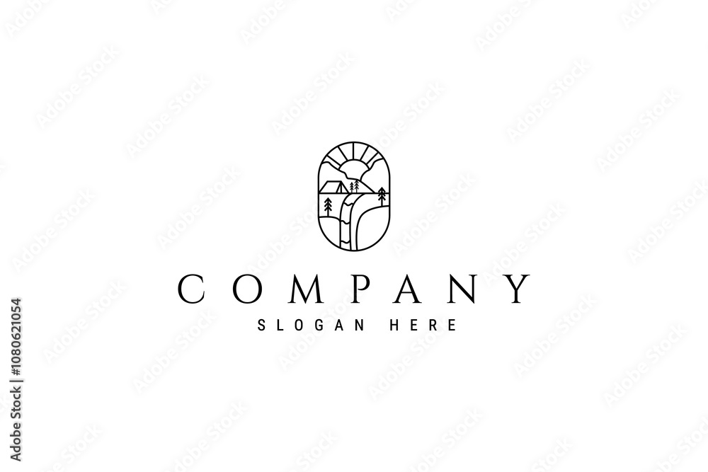 camping logo in water nature with waterfall view overgrown with pine trees with mountain background with sunset sunrise in oval frame in line art design style camping logo in water nature with waterfall view overgrown with pine trees with mountain background with sunset sunrise in oval frame in line art design style