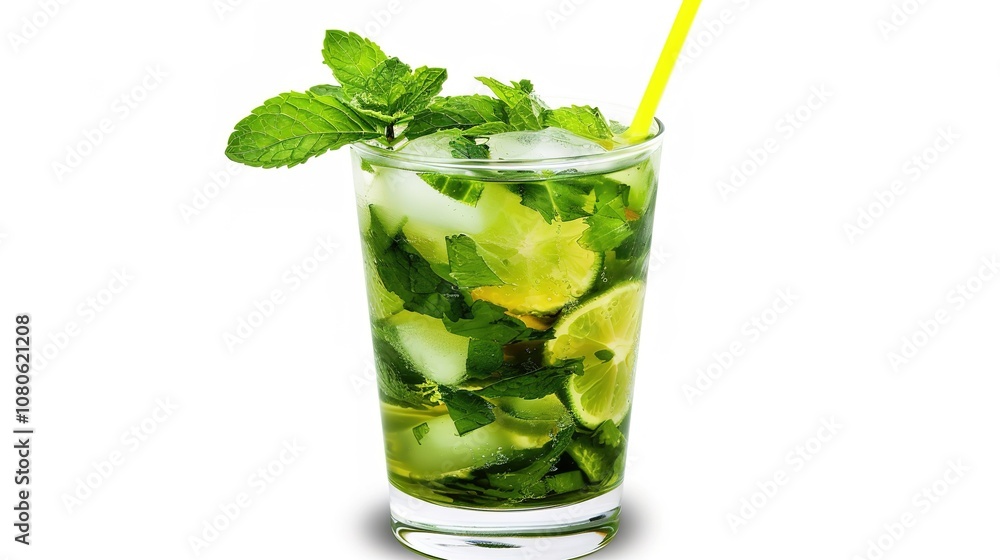 A Refreshing Mojito Cocktail Drink Standing Alone on a Crisp White Background. A Tantalizing and Invigorating Beverage in a Simple Setting. A Refreshing Mojito Cocktail Drink Standing Alone on a Crisp White Background. A Tantalizing and Invigorating Beverage in a Simple Setting.