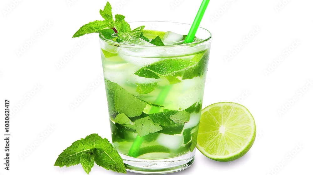 A Refreshing Mojito Cocktail Drink Standing Alone on a Crisp White Background. A Tantalizing and Invigorating Beverage in a Simple Setting. A Refreshing Mojito Cocktail Drink Standing Alone on a Crisp White Background. A Tantalizing and Invigorating Beverage in a Simple Setting.