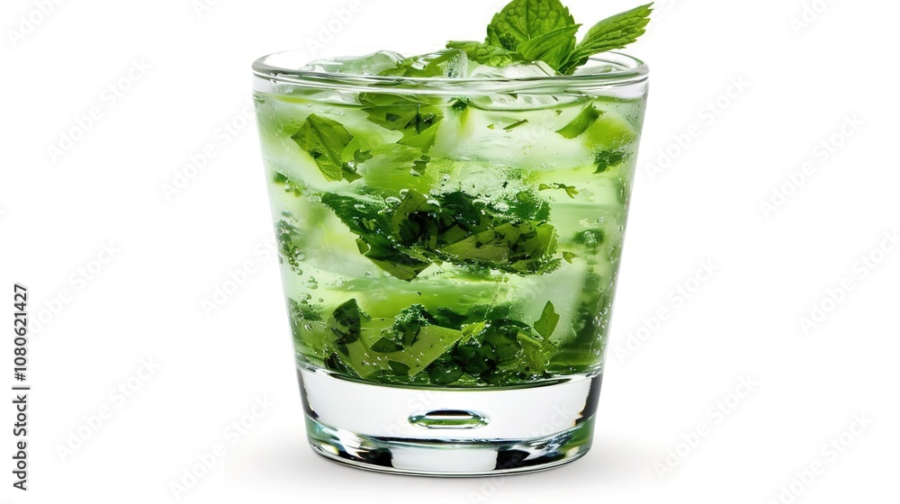 A Refreshing Mojito Cocktail Drink Standing Alone on a Crisp White Background. A Tantalizing and Invigorating Beverage in a Simple Setting. A Refreshing Mojito Cocktail Drink Standing Alone on a Crisp White Background. A Tantalizing and Invigorating Beverage in a Simple Setting.