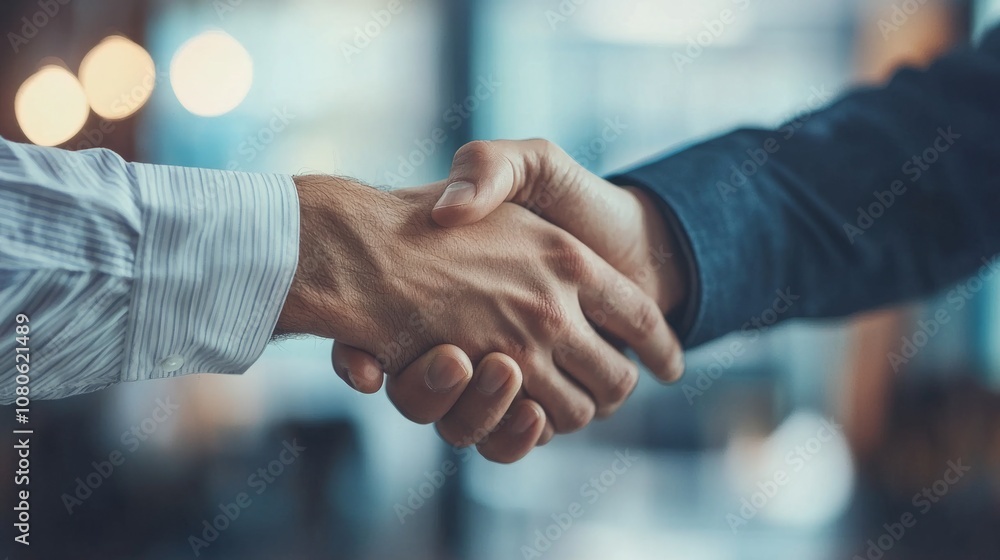 Two individuals in a business setting engage in a firm handshake to seal a valuable partnership during the afternoon hours Two individuals in a business setting engage in a firm handshake to seal a valuable partnership during the afternoon hours