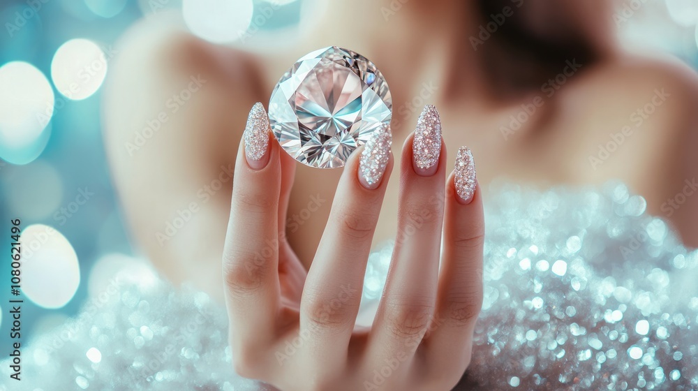 The woman lies on the table with a big diamond in her hand, her hands beautifully manicured. The woman lies on the table with a big diamond in her hand, her hands beautifully manicured.