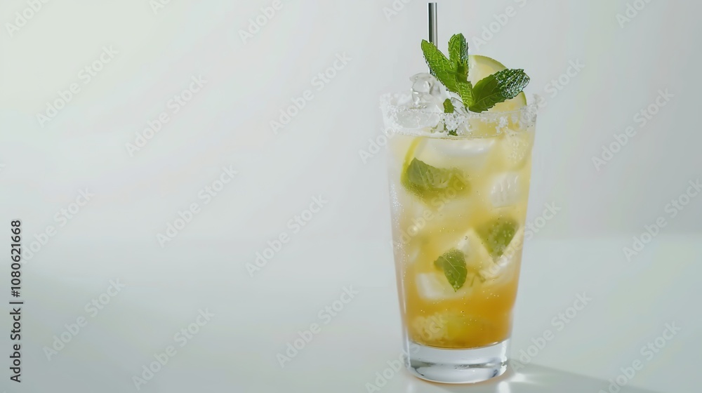 A Refreshing Mojito Cocktail Drink Standing Alone on a Crisp White Background. A Tantalizing and Invigorating Beverage in a Simple Setting. A Refreshing Mojito Cocktail Drink Standing Alone on a Crisp White Background. A Tantalizing and Invigorating Beverage in a Simple Setting.