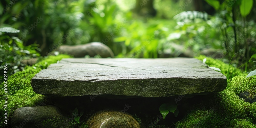 Obraz premium flat stone table in the middle of a forest, surrounded by moss, rocks, and lush green plants