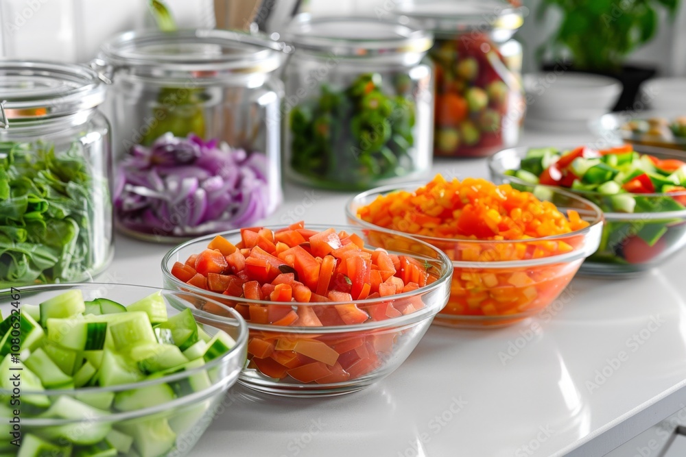 Freshly chopped vegetables displayed in clear bowls Freshly chopped vegetables displayed in clear bowls