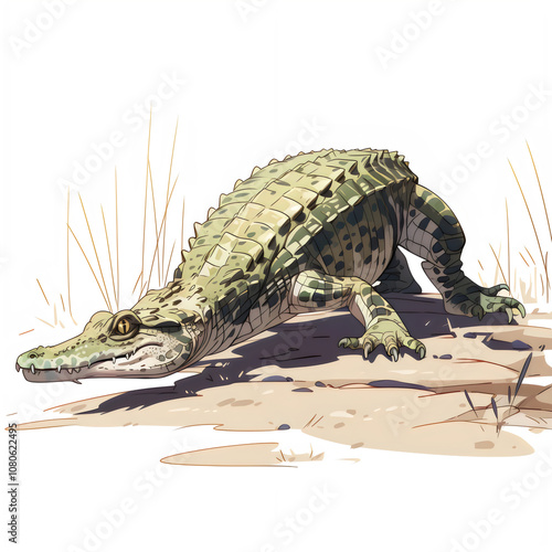 AI Generative cartoon of crocodile clipart, lurking, watercolor style, dark greens and grays, isolated on white background