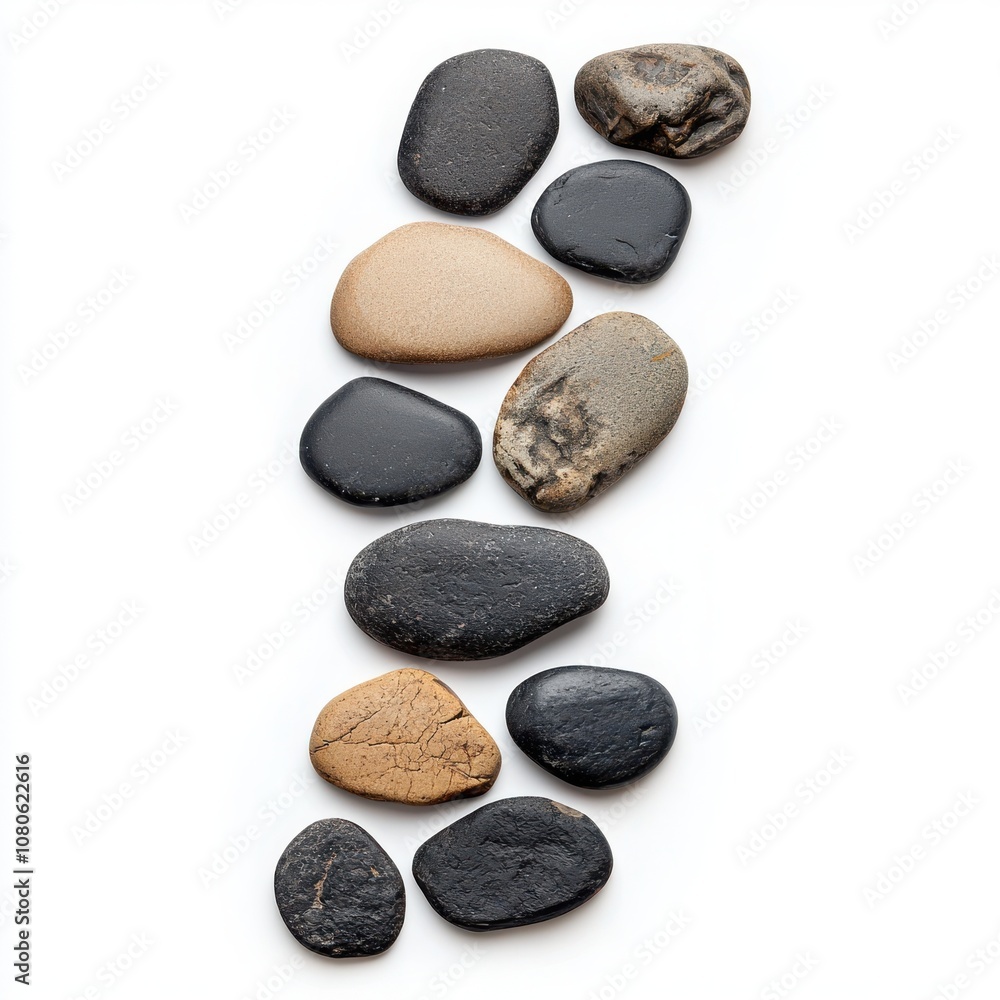 Smooth river stones arranged vertically on a white isolated background. Smooth river stones arranged vertically on a white isolated background.