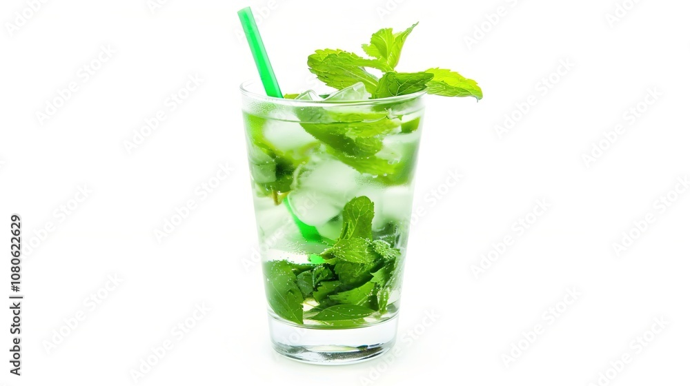A Refreshing Mojito Cocktail Drink Standing Alone on a Crisp White Background. A Tantalizing and Invigorating Beverage in a Simple Setting. A Refreshing Mojito Cocktail Drink Standing Alone on a Crisp White Background. A Tantalizing and Invigorating Beverage in a Simple Setting.