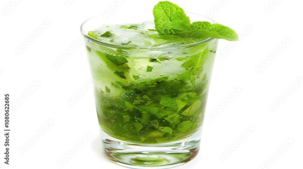 A Refreshing Mojito Cocktail Drink Standing Alone on a Crisp White Background. A Tantalizing and Invigorating Beverage in a Simple Setting. A Refreshing Mojito Cocktail Drink Standing Alone on a Crisp White Background. A Tantalizing and Invigorating Beverage in a Simple Setting.