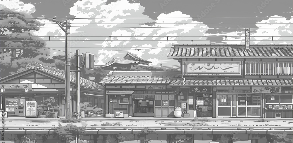 Fototapeta premium A monochrome illustration of a traditional Japanese street scene with buildings, power lines, and clouds.