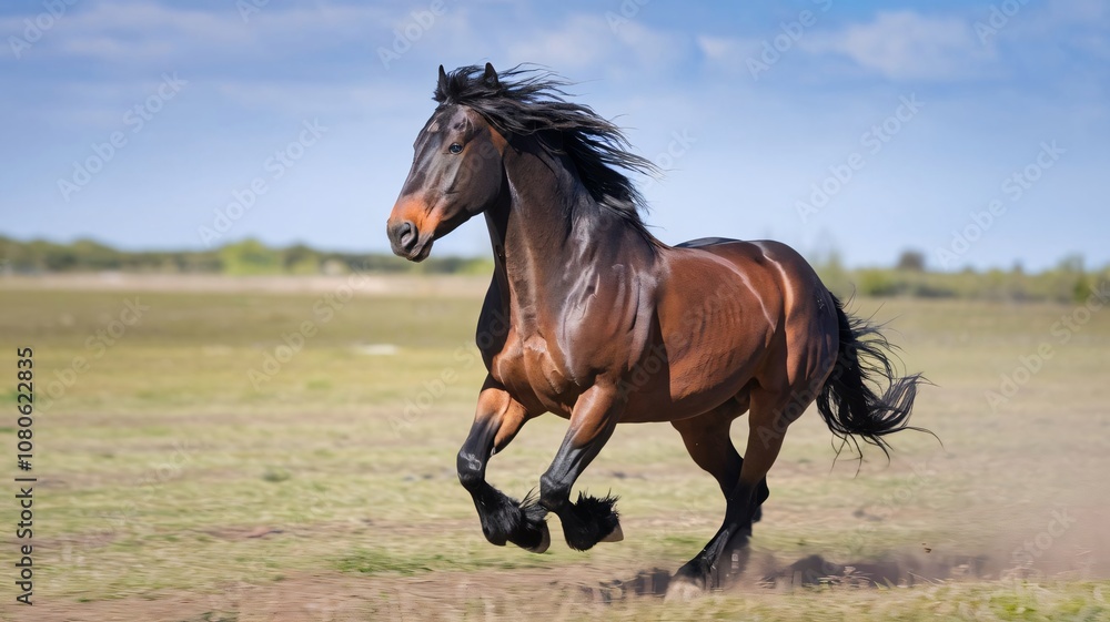 Fototapeta premium Wild Horse Galloping Across Open Field, Capturing Freedom and Power