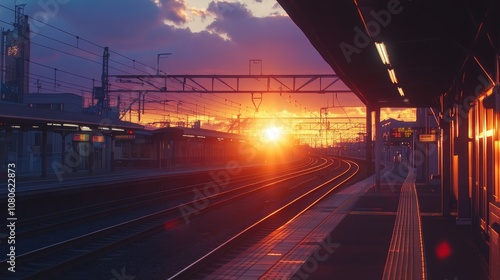 A beautiful sunset casts a warm glow over an empty train station platform. photo