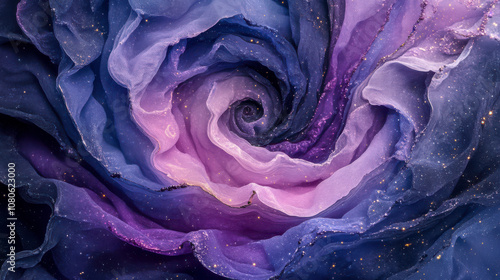 Abstract purple and blue swirling textures forming depictive cosmic rose shape photo