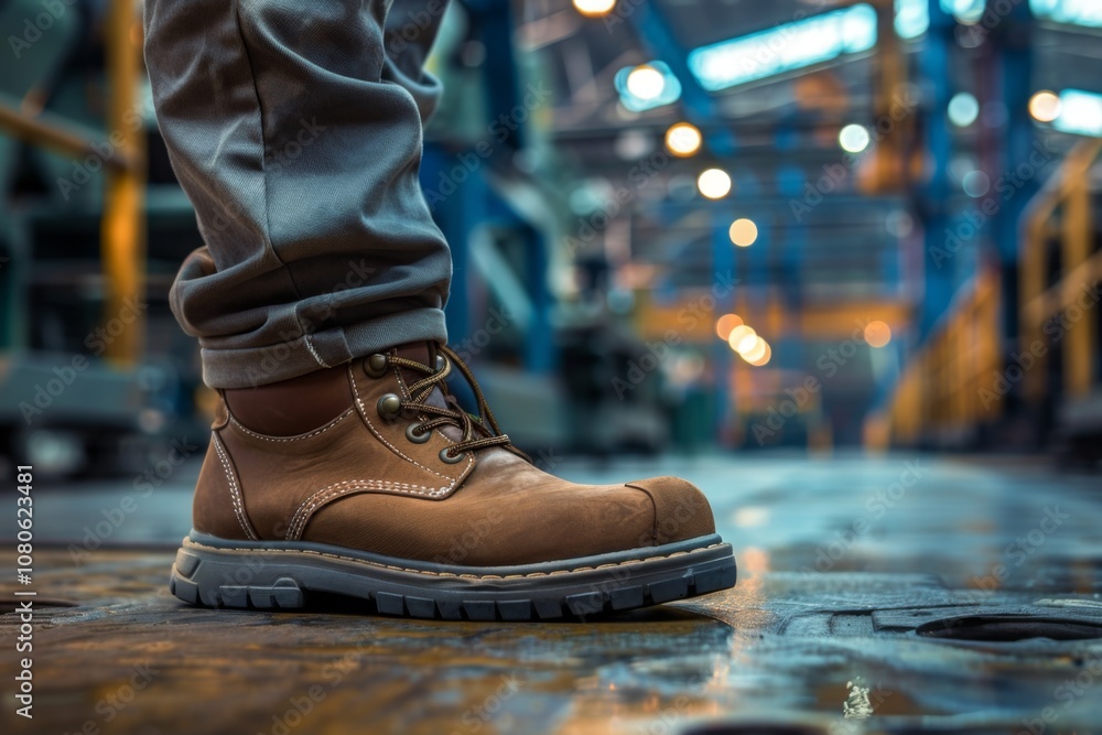 Close up of safety workers shoes in factory Close up of safety workers shoes in factory