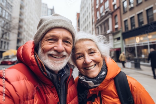 Close up of a senior couple taking selfie while walking in the city