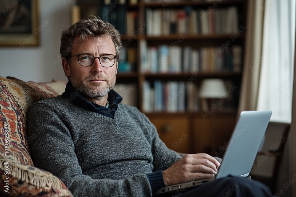 A man in a grey sweater sits in an armchair, looking directly at the camera. He is using a laptop computer and there is a bookshelf in the background. A man in a grey sweater sits in an armchair, looking directly at the camera. He is using a laptop computer and there is a bookshelf in the background.