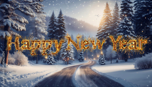 Winter Wonderland New Year Celebration with Golden Happy New Year Text in Snowy Forest