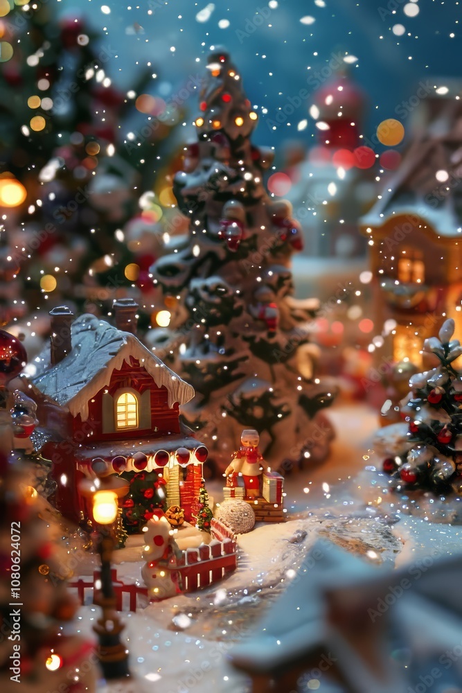 A small town with a red house and a Christmas tree. The house has a window with a light on it A small town with a red house and a Christmas tree. The house has a window with a light on it