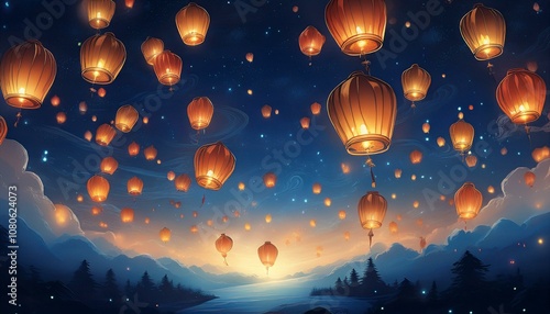 Magical Night Sky Filled with Floating Lanterns Over Serene Mountains and River – A Dreamlike Celebration of Light and Tranquility