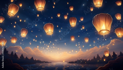 Magical Night Sky Filled with Floating Lanterns Over Serene Mountains and River – A Dreamlike Celebration of Light and Tranquility