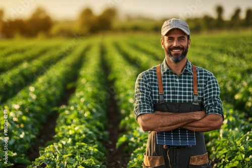 Innovative farmer utilizing solar-powered tools in sustainable fields for enhanced food security