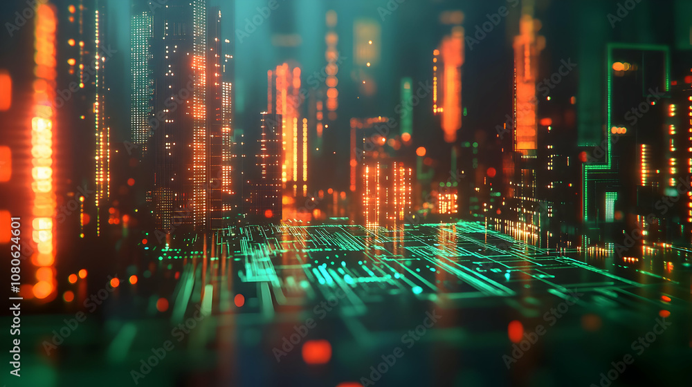 Futuristic Cityscape with Green and Orange Lights 3D Illustration Futuristic Cityscape with Green and Orange Lights 3D Illustration