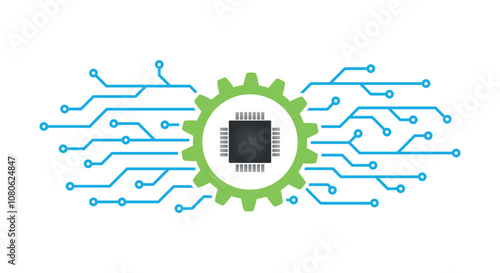 Technology and innovation, mechatronics background, mechanical cog wheel with electronic chip, smart use of hybrid engineering