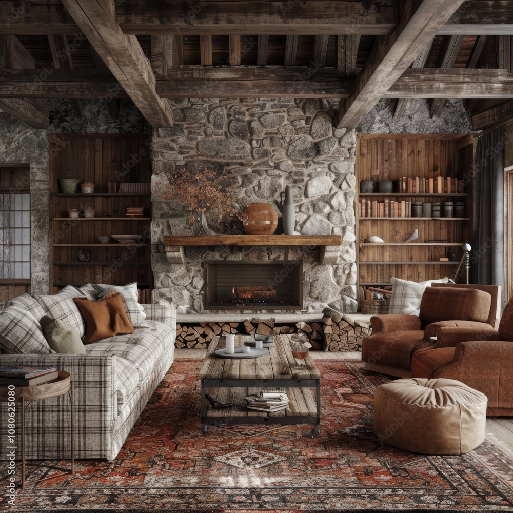 A cozy living room with a fireplace and a large plaid couch. The room is filled with books and has a rustic feel A cozy living room with a fireplace and a large plaid couch. The room is filled with books and has a rustic feel
