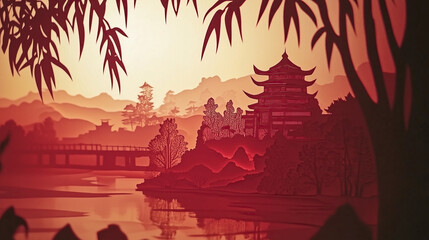 Crédence de cuisine Bordeaux landscape with traditional chinese pavilion architecture in style of paper cut illustration  © Schmidt